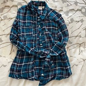 Aqua/ navy/ purple plaid shirt